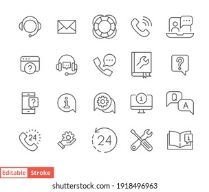 Help And Support Line Icon Set. Simple Outline Style Symbol For Web Template And App. Online Service And Call Center Concept. Vector Illustration Isolated On White Background. Editable Stroke EPS 10