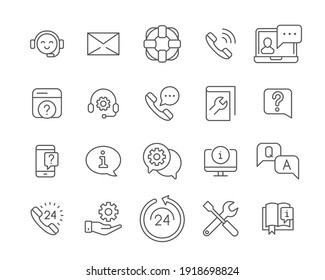 Conjunto de iconos de línea de ayuda y soporte técnico. Símbolo sencillo de estilo de esquema para la plantilla y aplicación web. Servicio en línea, centro de llamadas, concepto de teléfono de contacto. Ilustración vectorial aislada en fondo blanco. EPS 10