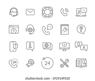 Help And Support Line Icon Set. Simple Outline Style Symbol For Web Template And App. Online Service, Call Center, Contact Phone Concept. Vector Illustration Isolated On White Background. EPS 10