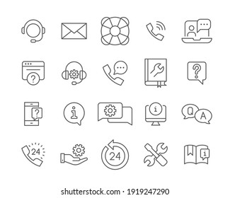 Help and support line icon set. Simple outline style symbol for web template and app. Online service, call center, contact phone concept. Vector illustration isolated on white background. EPS 10