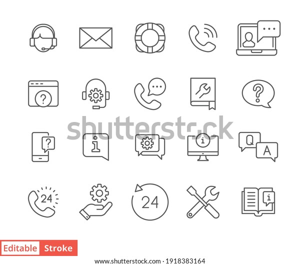 Help and support line icon set. Simple outline style
symbol for web template and app. Online service and call center
concept. Vector illustration isolated on white background. Editable
stroke EPS 10