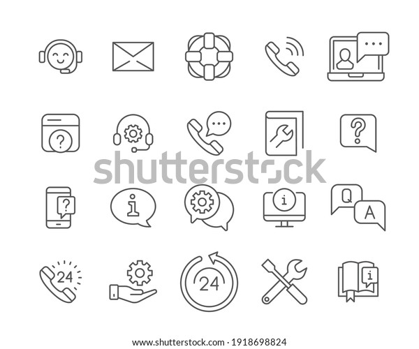 Help and support line icon set. Simple outline style\
symbol for web template and app. Online service, call center,\
contact phone concept. Vector illustration isolated on white\
background. EPS 10