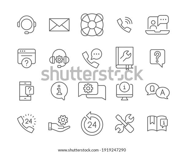 Help and support line icon set. Simple outline style
symbol for web template and app. Online service, call center,
contact phone concept. Vector illustration isolated on white
background. EPS 10