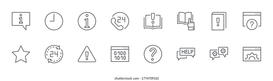 Iconos de línea de ayuda. Iconos, Libro, Ayuda en línea, Soporte técnico. Stroke Editable