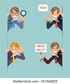 Help Support Listen Overhear Spy Looking Out Corner Idea Cartoon Businessman Character Solution Flat Vector Illustration