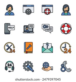 Help and support service lineal color icons set isolated on white background vector illustration.