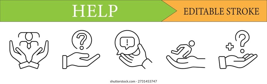 Help and support services line icon set for customer assistance and frequently asked questions