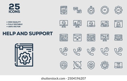 Help and support set of 25 outline icons related to Fitness. Linear icon collection. Editable stroke. Vector illustration