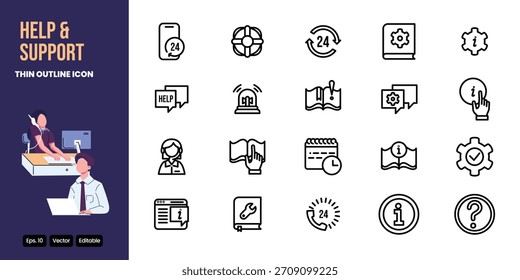 Ayuda y Asistencia Conjunto de iconos de contorno delgado Diseño de Vector Bueno para el Web y el App móvil