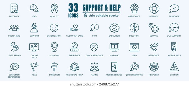 Help and Support Vector Icon. Contains thin Icons as FAQ, Customer Service, Responce and Helpdesk. Editable Stroke. 48x48 Pixel Perfect