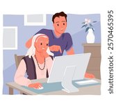 Help and support from young man for older woman in using computer. Elderly grandma sitting at desk with PC, boy standing next to teach grandmother how to use Internet cartoon vector illustration