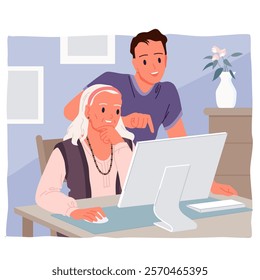 Help and support from young man for older woman in using computer. Elderly grandma sitting at desk with PC, boy standing next to teach grandmother how to use Internet cartoon vector illustration