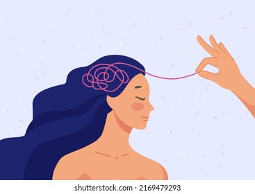 Help tangled minds. Hand unravel disorder mental threads of teenager woman, treatment anxiety mind obsessive brain psychology counseling, scribble memory, vector illustration of mental psychotherapy