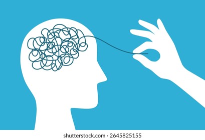 Ajude mentes confusas. Transtorno de desvendamento da mão fios mentais da cabeça humana, tratamento ansiedade mente psicologia cerebral obsessiva aconselhamento, ilustração vetorial de psicoterapia mental