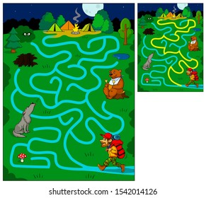 Help this tourist find his way to the campground. Maze game. Cartoon vector illustration. Education game for children.