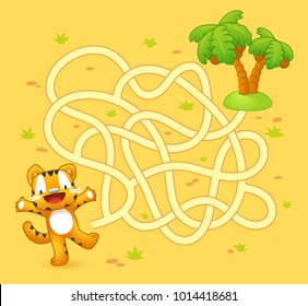 Help tiger cub find path to palm. Labyrinth. Maze game for kids