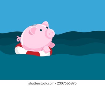 Help in times of Global Economic Crisis - cartoon piggy bank swimming in the sea using lifebouy 