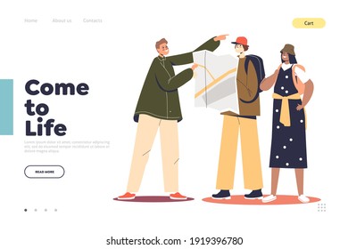 Help tourists concept of landing page with man showing couple of travelers right way on map. Lost travelers ask for locals help. Cartoon man and woman travel journey. Flat vector illustration