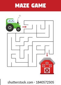 Help the tractor find right way to the barn. Educational maze game for kids. Cute cartoon kawaii character.