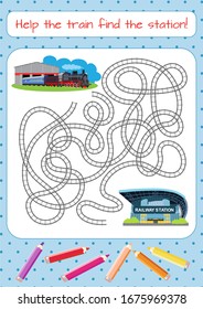 Help the train find the station! Educational game for children. Cartoon vector illustration. Maze.
