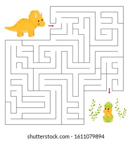 Help the triceratops find path to baby dinosaur. Maze game for kids. Funny labyrinth. Vector cartoon kawaii characters.