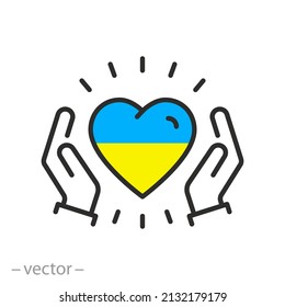 help ukraine icon, flag and heart in hands, support ukrainian peace, volunteer donation, thin line symbol on white background - editable stroke vector illustration