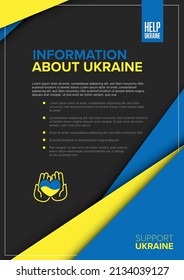 Help Ukraine Information flyer a4 poster template with sample content, vertical dark version with blue and yellow corners and information about Ukraine