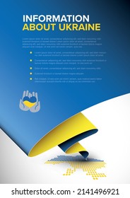 Help Ukraine Information flyer a4 poster template with sample content, vertical version with blue and yellow folded paper and information about Ukraine