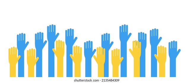 Help Ukraine no war concept with hands of Various people. Symbol of human community help in Ukranian national flag colors flat vector banner