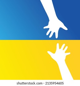 Helfen Sie der Ukraine! Zwei Hände auf der Flagge der Ukraine . Rettet die Ukraine. Bete für die Ukraine! Hör auf zu Krieg. Vektorgrafik