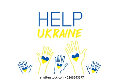 Help Ukraine typography design with people hold heart in their hand illustration in donation for Ukraine concept in flat style for banner, postcard, poster etc.