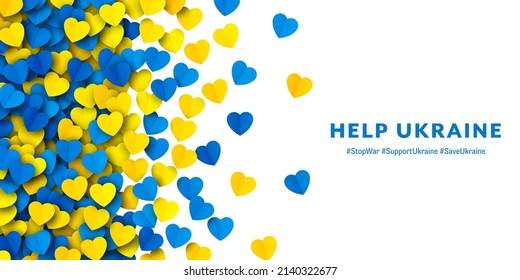 Help Ukraine Vector Scattered Yellow Blue Paper Hearts Border Isolated On White Background. Stop War And Save Ukraine Illustration. Ukrainian National Flag Colours Abstract Wide Banner Or Wallpaper