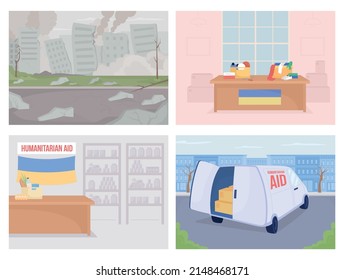 Help ukrainian refugees flat color vector illustration set. Humanitarian aid. Widespread devastation and volunteer center 2D simple cartoon cityscapes and interiors collection. Bebas Neue font used