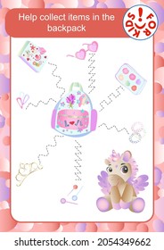 Help the unicorn collect items in her backpack. Children's vector template for educational books, developmental education. For girls.