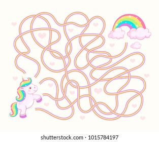 Help Unicorn Cub Find Path To Rainbow. Labyrinth. Maze Game For Kids