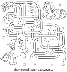 Ayuda a unicornio a encontrar el camino a un amigo. Laberinto. Juego de mazmorras para los niños. Ilustración vectorial en blanco y negro para el libro de colores