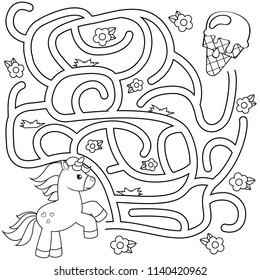 Help unicorn find path to ice cream. Labyrinth. Maze game for kids. Black and white vector illustration for coloring book 