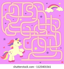 Help Unicorn Find Path To Rainbow. Labyrinth. Maze Game For Kids