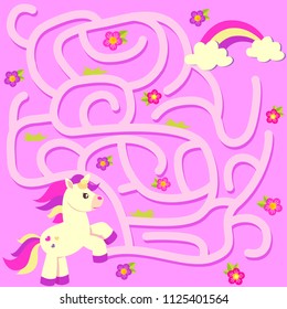 Help unicorn find path to rainbow. Labyrinth. Maze game for kids