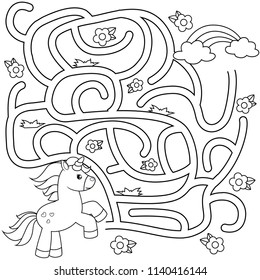 Help unicorn find path to rainbow. Labyrinth. Maze game for kids. Black and white vector illustration for coloring book 