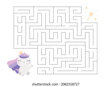 Help The Unicorn Find Right Way To Magic Wand. Educational Maze Game For Children. Cute Kawaii Cartoon Pony With Crown. Activity Worksheet. Vector Illustration