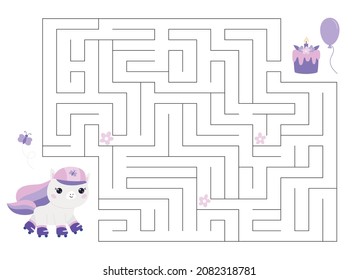 Help the unicorn find right way to the birthday cake and balloon. Cartoon kawaii animal. Pony with roller skates. Printable maze game worksheet for birthday party. Activity page for kids.