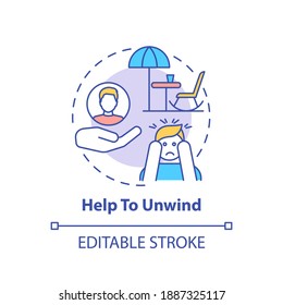 Help to unwind concept icon. Me time benefits. Refresh everyday advices. Relax your mind and body idea thin line illustration. Vector isolated outline RGB color drawing. Editable stroke