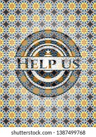 Help us arabic style badge. Arabesque decoration.
