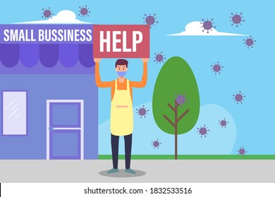 Help Vector Concept: Clerk In Face Mask Holding Help Text With Small Business Store And Coronavirus Background