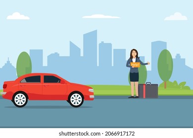 Concepto de vector de ayuda. Joven sosteniendo una palabra de ayuda mientras cocina mientras pasa un auto por la carretera