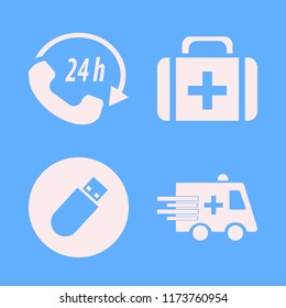 help vector icons set. with ambulance car, first aid bag, call center and flash driver in set