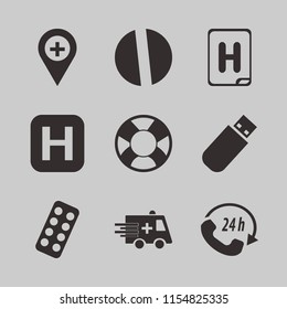 help vector icons set. with blister pack, ambulance car, call center and lifebuoy in set