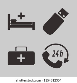 help vector icons set. with call center, flash driver, hospital bed and first aid bag in set