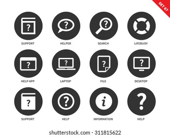 Help vector icons set. Support and security concept. Icons for technology devices, help, support, search, information, file, lifebuoy, laptop, app. Isolated on white background